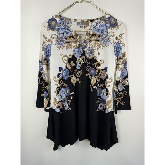 JM Collection Hi-lo Hem Rhinestone Embellished Top Floral Size XS Stretch 3/4 - Picture 1 of 7